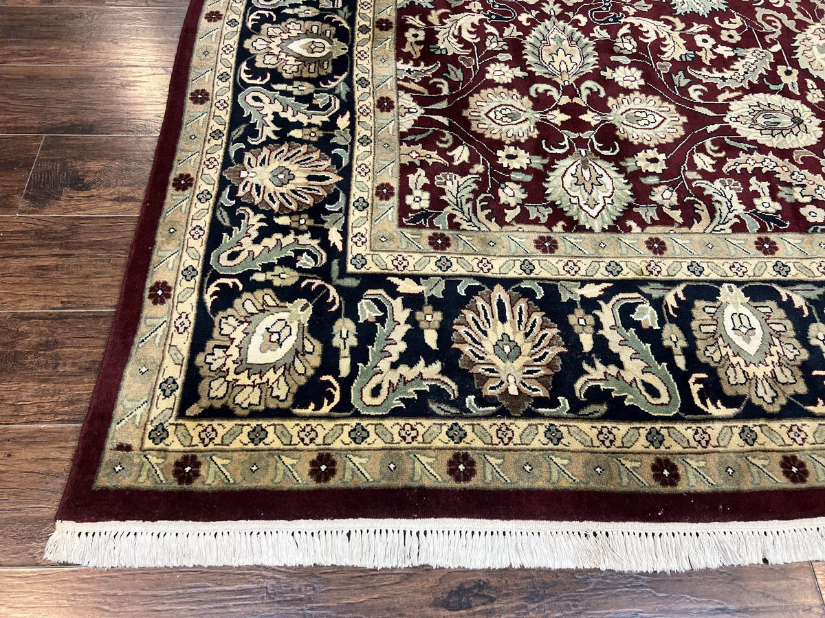 Indo Persian Rug 10x14, Floral Allover, Maroon, Handmade Hand Knotted VIntage Wool Rug, Large Oriental Carpet