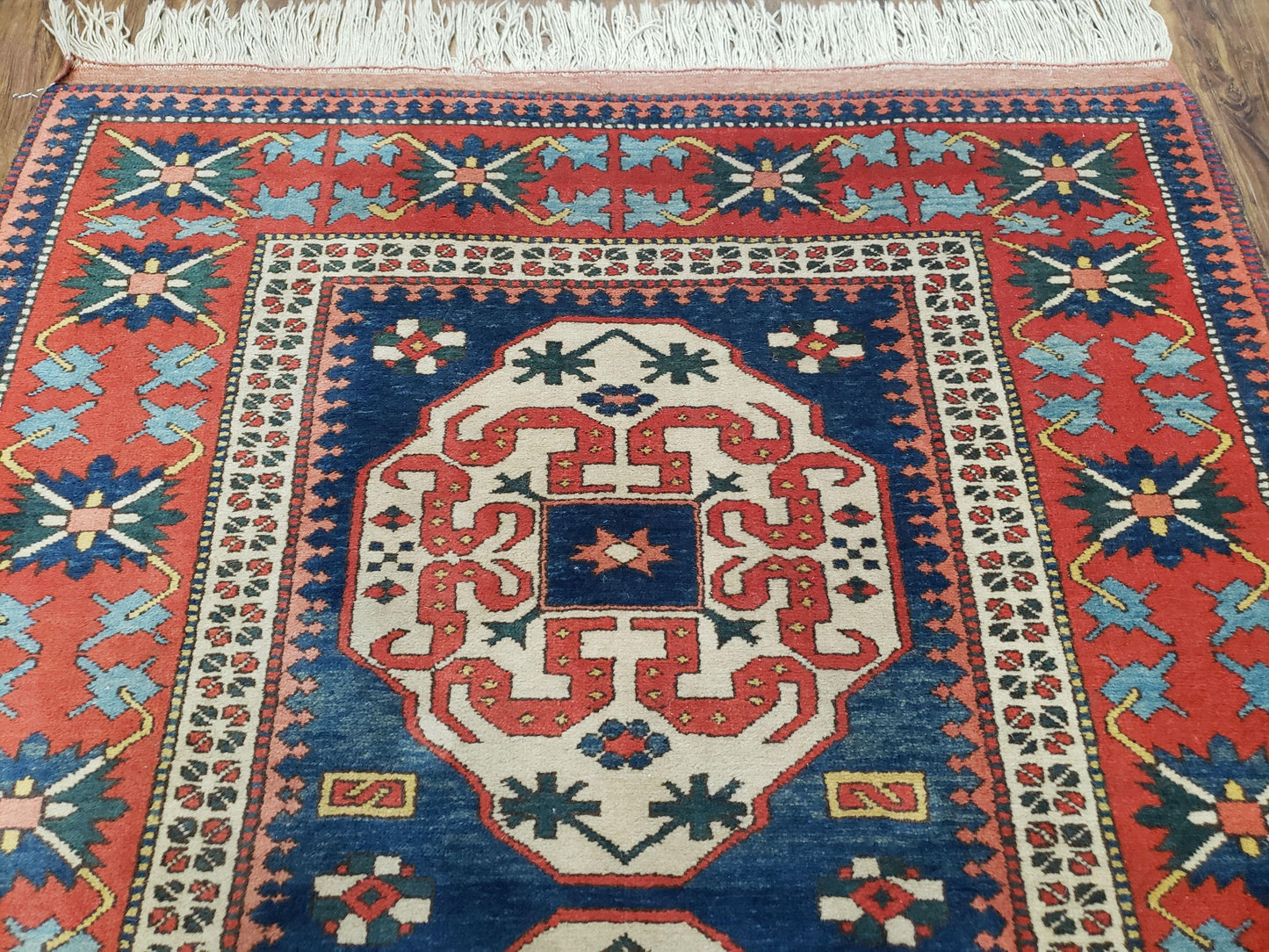 Turkish Kazak Rug 5x6 Vintage Handmade Wool Carpet Geometric Blue Red - Nuvé