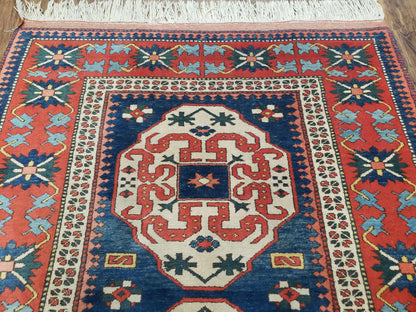 Turkish Kazak Rug 5x6 Vintage Handmade Wool Carpet Geometric Blue Red - Nuvé