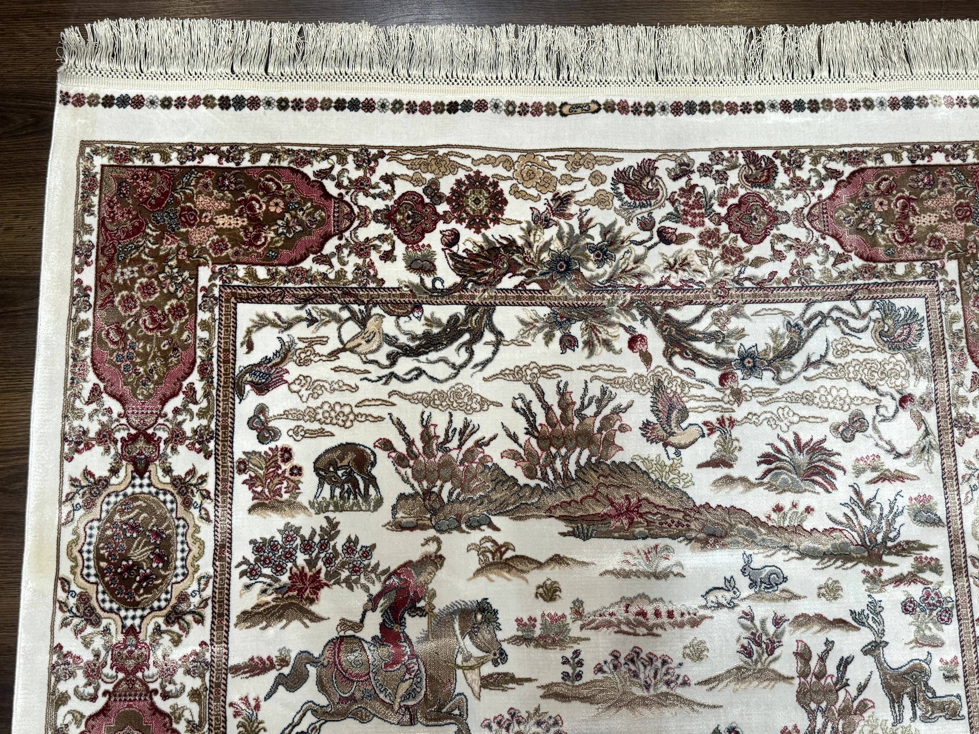 Turkish Silk Hunting Scene Rug 4x6, Ivory, Bamboo Silk, New - Nuvé