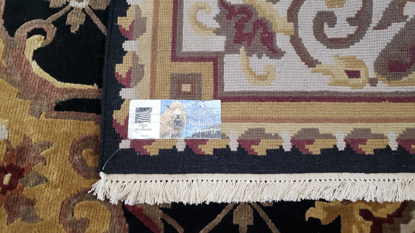 6x9 Nepalese Rug, Aubusson Savonnerie Area Rug 6 x 9 with Soft Pile, Hand-Knotted Wool Black & Beige Tibetan New Carpet European Design - Nuvé