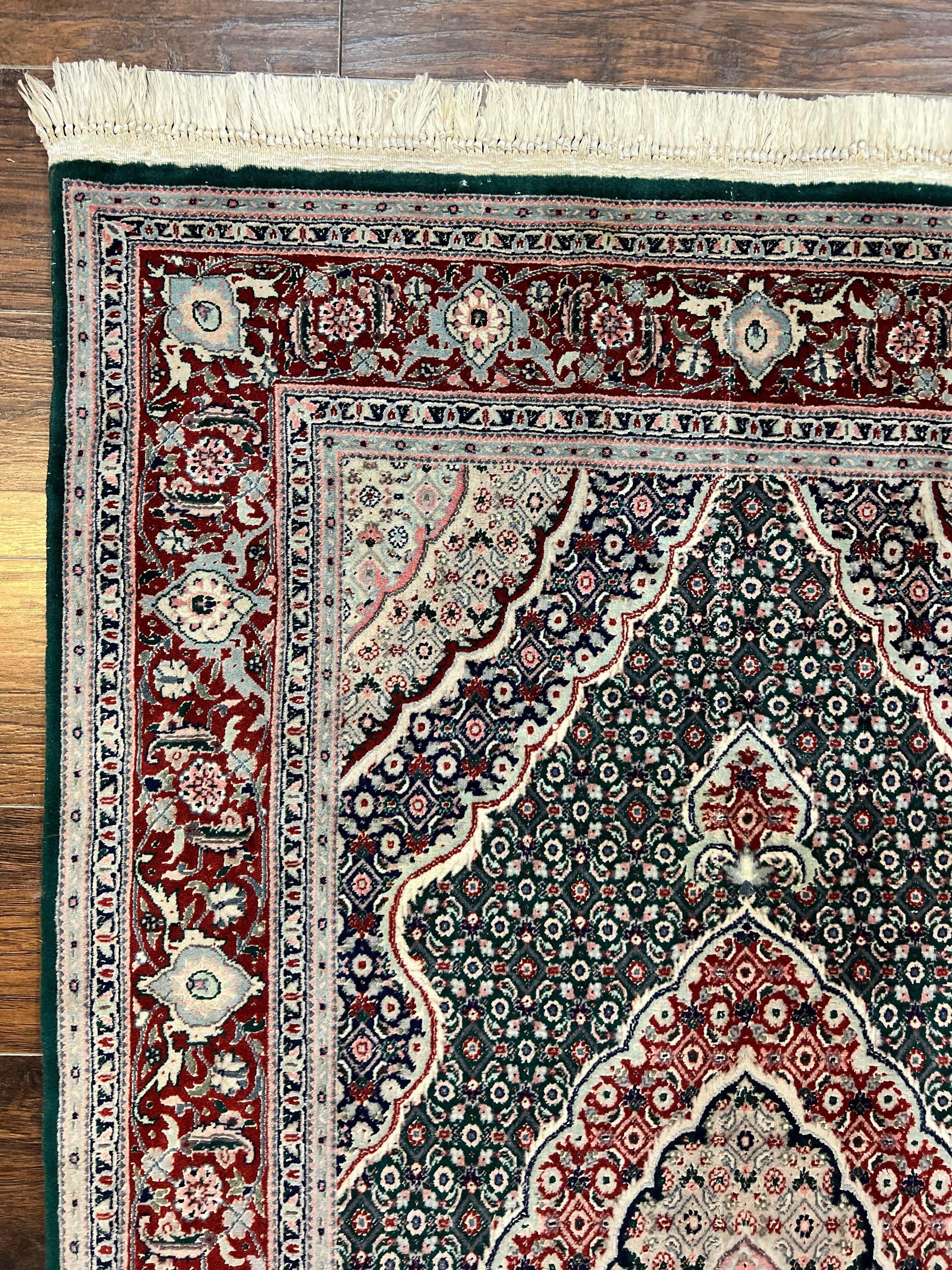 Sino Persian Rug 4x6, Wool with Silk Highlights, Fine Hand Knotted Carpet, Green & Maroon Red, Herati Medallion, Vintage Rug - Nuvé