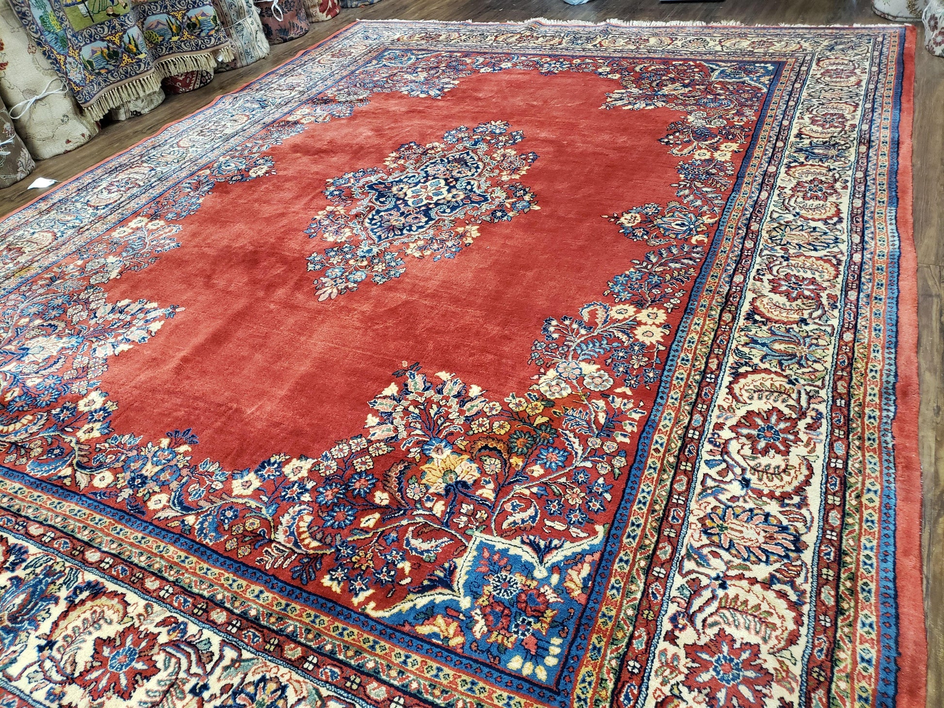 Semi Antique Persian Sarouk Rug 9x12,  Semi Open Field with Central Medallion, Hand Knotted Wool, Tomato Red, 9 x 12 Authentic Oriental Carpet - Nuvé