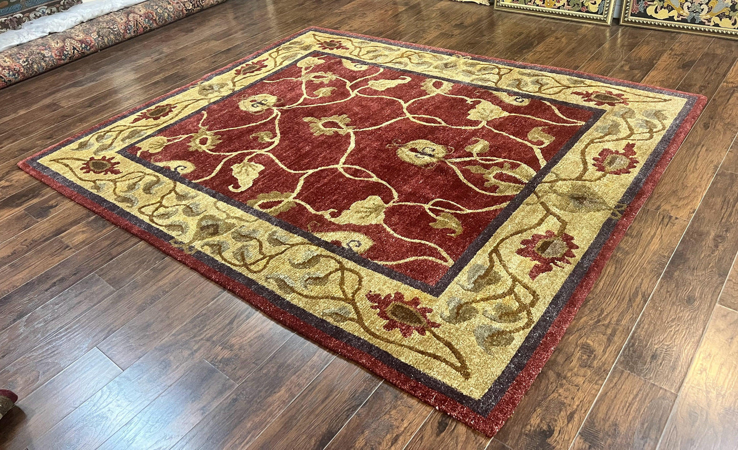 Tibetan Aubusson Rug 8x10, Maroon and Beige, Floral, Handmade, Wool, Vintage, Traditional Rug - Nuvé