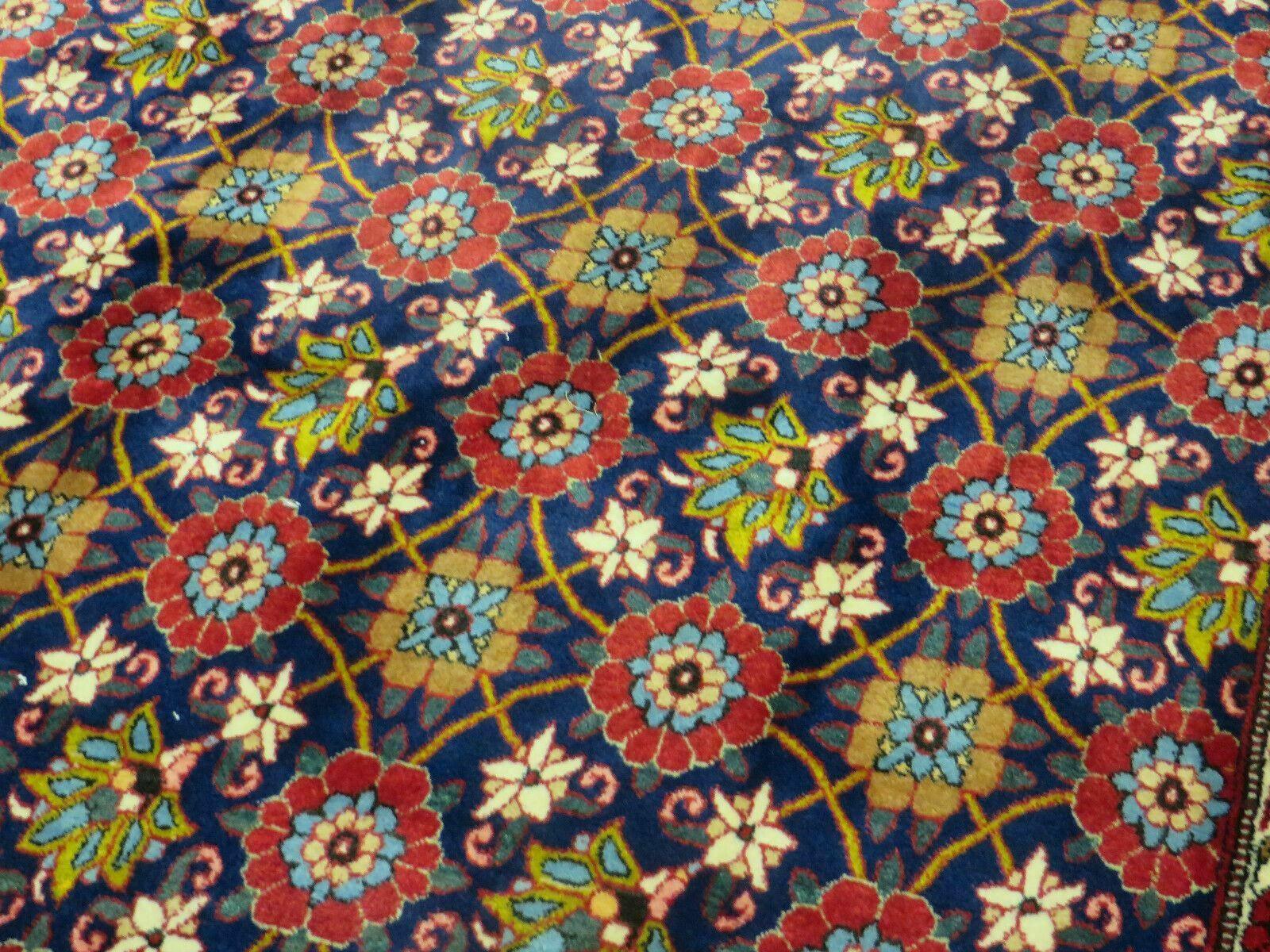 Navy Blue Antique Persian Rug 7x11, Veramin Mina Khani Repeated Allover Pattern, Vintage Authentic Hand Knotted Handmade Wool Room Sized Carpet - Nuvé