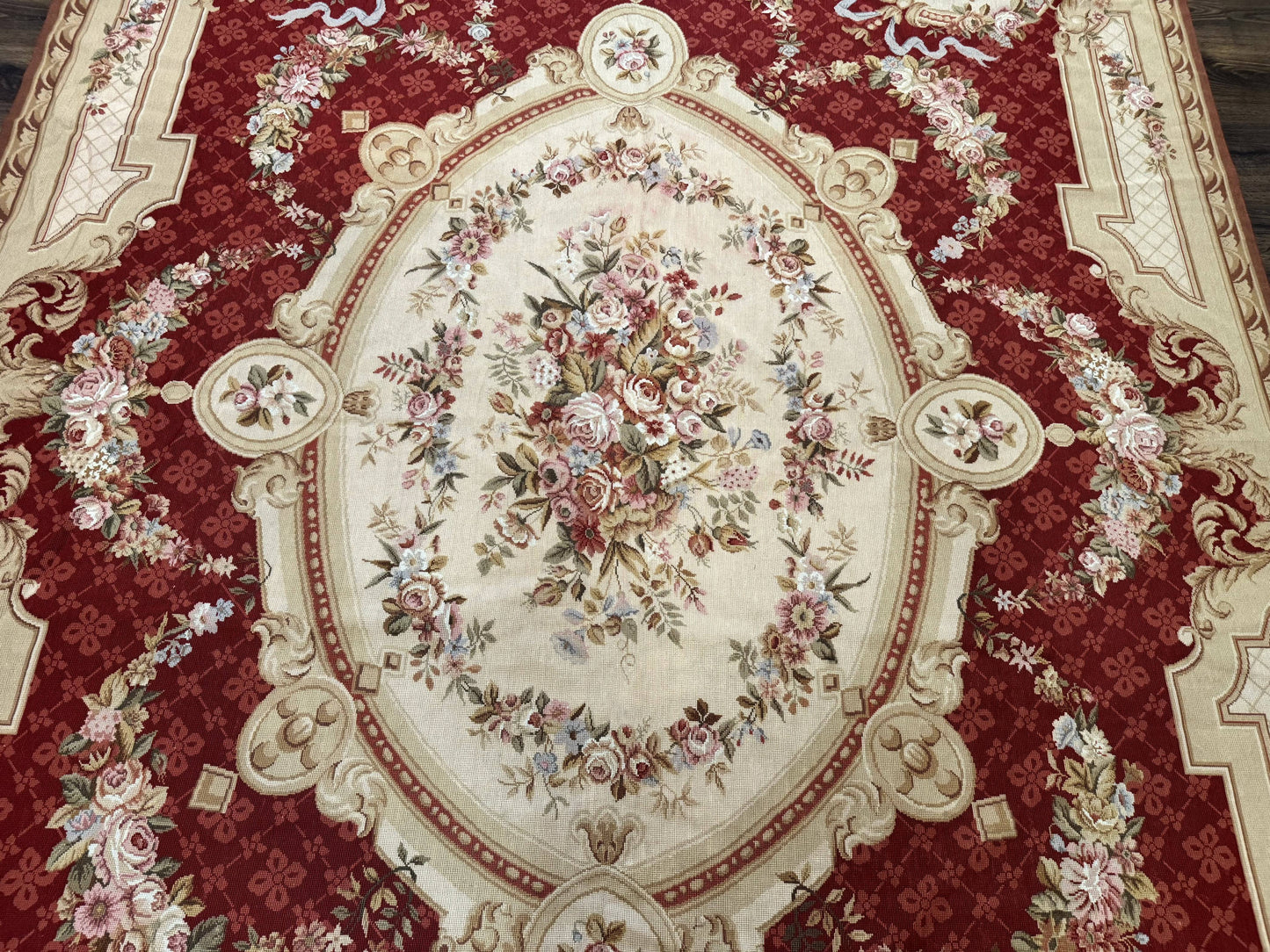 Aubusson Rug 8x11, Needlepoint Carpet, Red Ivory Beige, Vintage, French European Design - Nuvé