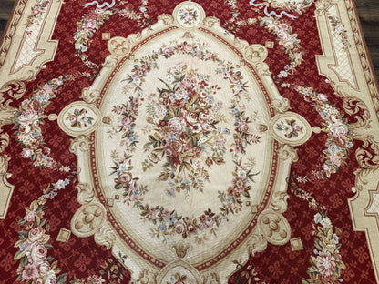 Aubusson Rug 8x11, Needlepoint Carpet, Red Ivory Beige, Vintage, French European Design - Nuvé