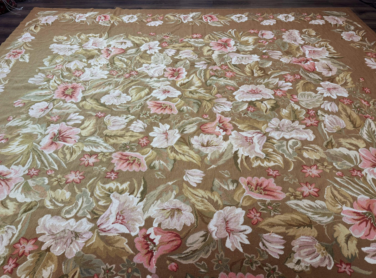 Large Needlepoint Rug 11x14, Vintage Floral Wool Carpet, Caramel - Nuvé