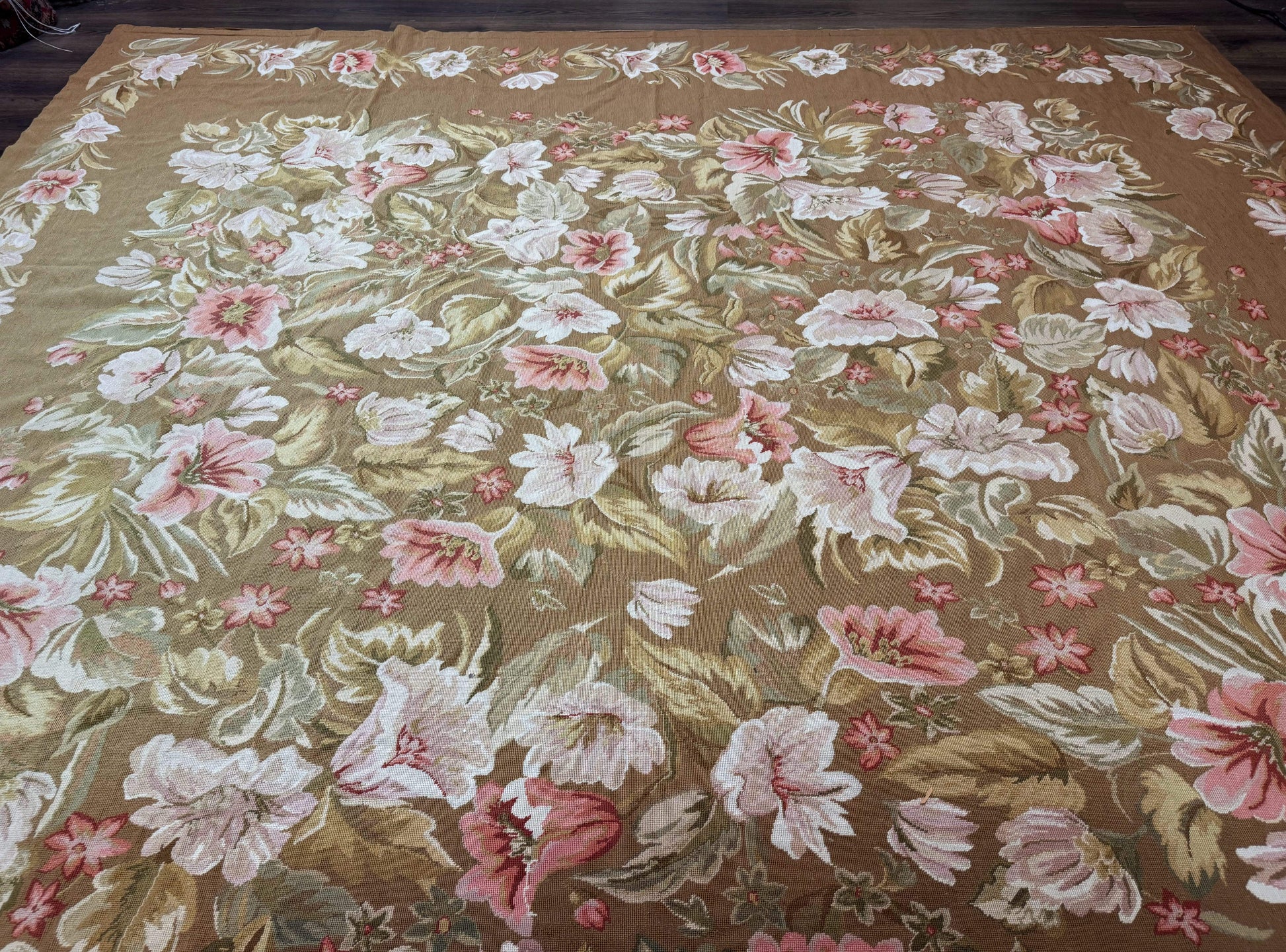 Large Needlepoint Rug 11x14, Vintage Floral Wool Carpet, Caramel - Nuvé