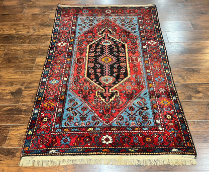 Antique Persian Tribal Rug 4x7, Wool Handmade 1920s Carpet, Red Blue, Persian Hamadan Rug - Nuvé