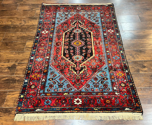 Antique Persian Tribal Rug 4x7, Wool Handmade 1920s Carpet, Red Blue, Persian Hamadan Rug - Nuvé