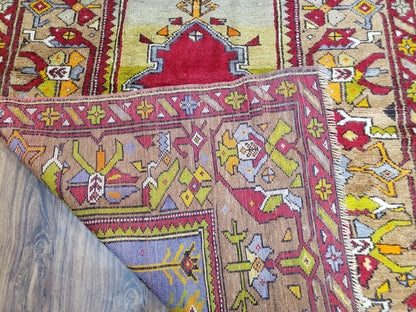Antique Turkish Prayer Rug 3.8 x 5ft, Colorful Prayer Rug, Red Blue Gold Multicolor Turkish Anatolian Carpet, Handmade Hand-Knotted, Wool