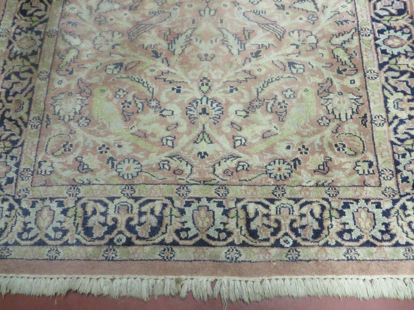 Indian Silk Rug 4x6, Indian Kashmiri Silk Carpet 4 x 6 ft, Vintage Hand Knotted Floral Bird Motifs, Light Pink and Navy Blue, Silk on Cotton - Nuvé