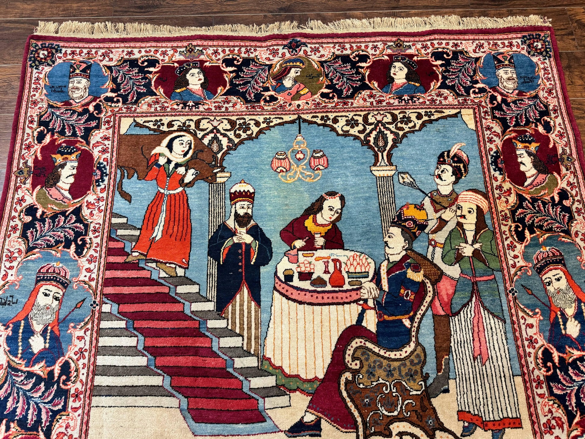 Rare Persian Kashan Pictorial Rug 6x9, King Bahram Hunting Scene, Persian Kings, Hand Knotted Persian Rug for Wall Hanging, Antique, Wool - Nuvé