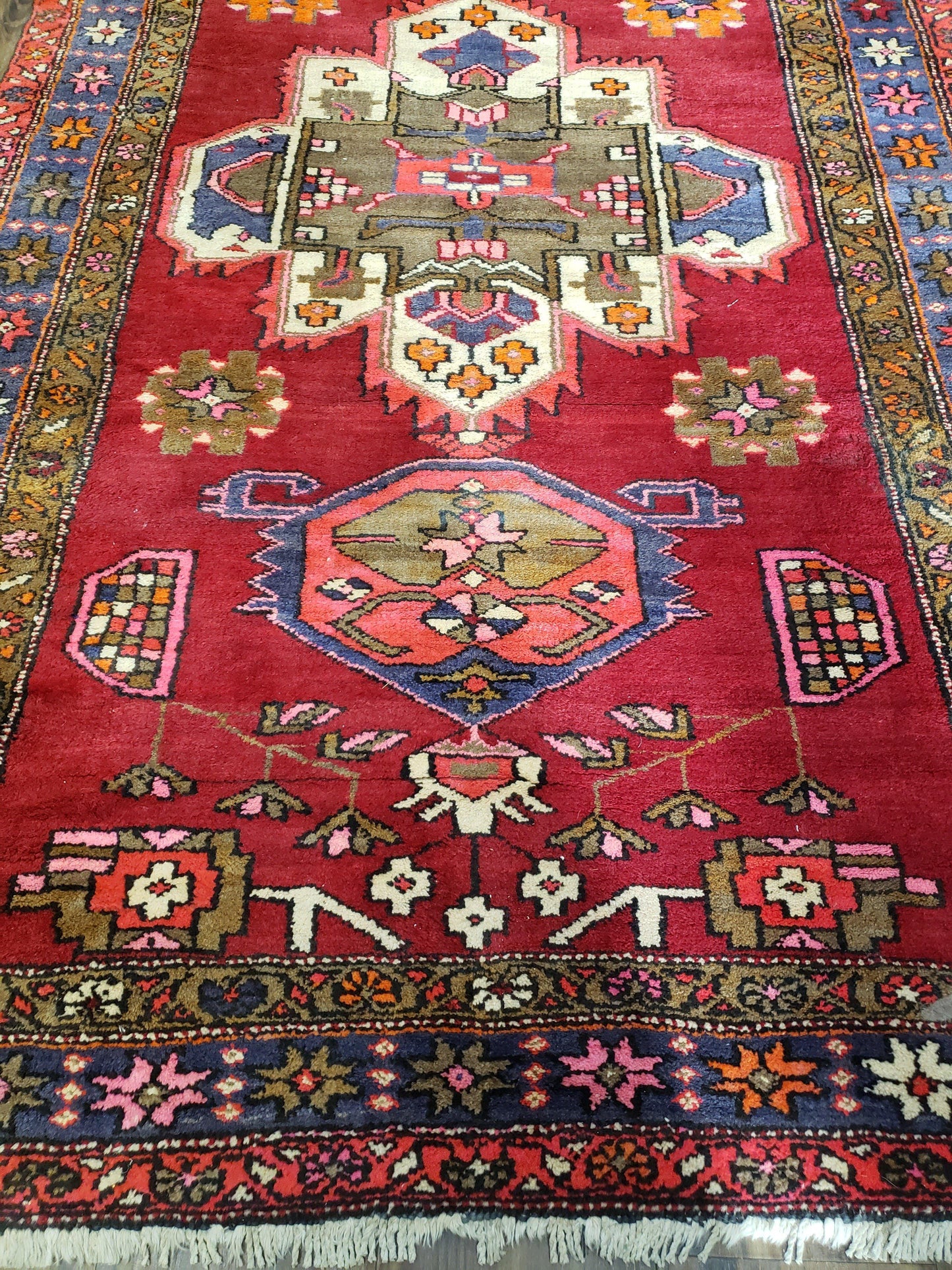 Antique Persian Karajeh Runner Rug 4.4 x 11 ft, Red Colorful Geometric Medallion Runner - Nuvé