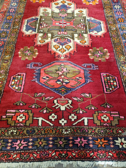 Antique Persian Karajeh Runner Rug 4.4 x 11 ft, Red Colorful Geometric Medallion Runner - Nuvé