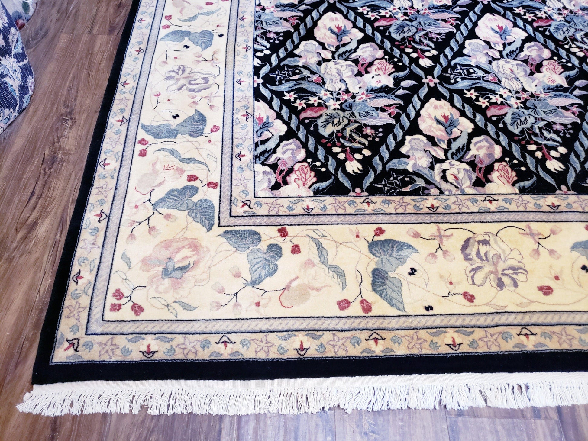 Black Kirman Rug, 8x11 - 9x12 Rug, Sino-Persian Rug, Floral Oriental Carpet, Handmade Rug, Black and Ivory Rug, Room Sized Area Rug, Wool - Nuvé