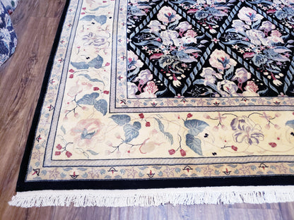 Black Kirman Rug, 8x11 - 9x12 Rug, Sino-Persian Rug, Floral Oriental Carpet, Handmade Rug, Black and Ivory Rug, Room Sized Area Rug, Wool - Nuvé