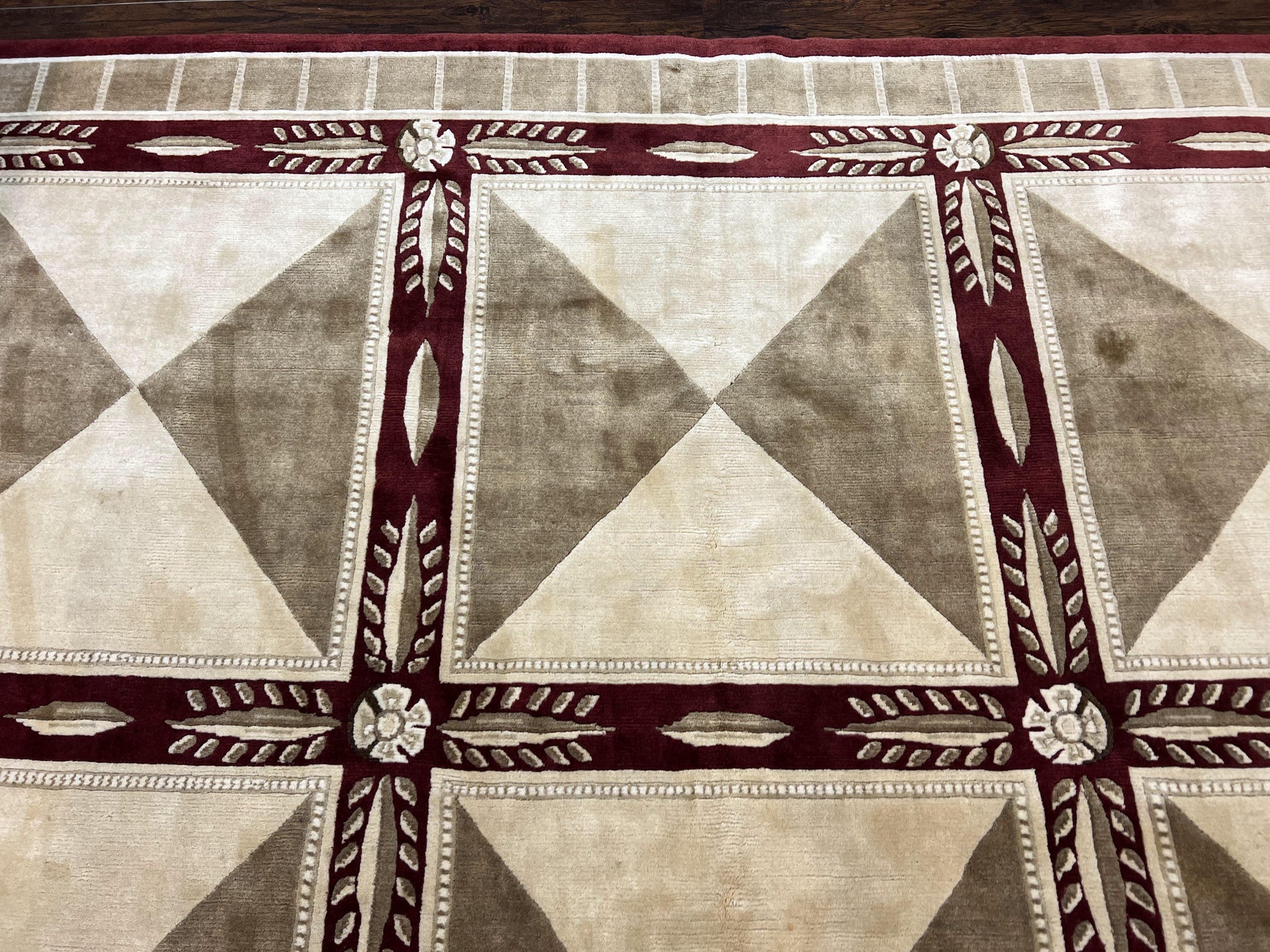 Indo Tibetan Rug 10x14, Nepali Carpet, Large Soft Wool Area Rug, Olive Tan Maroon, Contemporary Rug 10 x 14 ft Living Room Rug, Handmade Rug - Nuvé