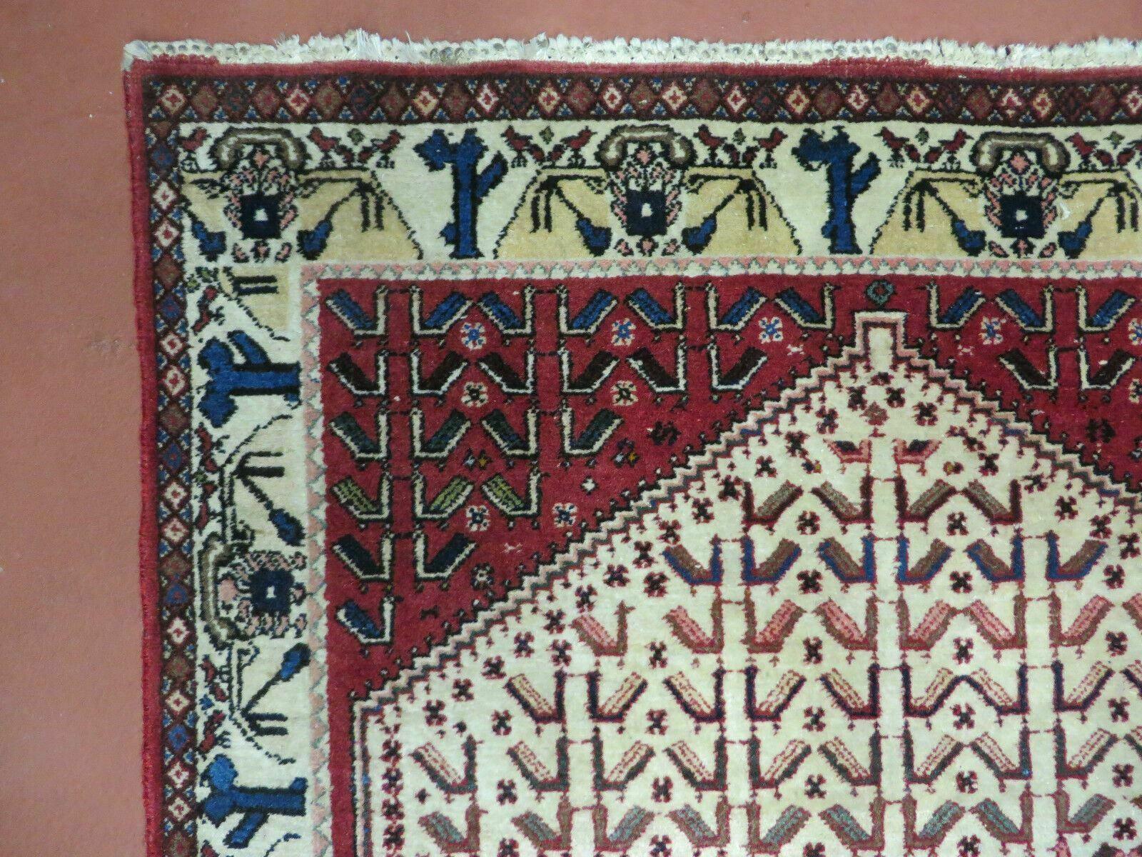 3' X 5' Vintage Handmade India Geometric Oriental Wool Rug Nice Birds Ivory Red - Nuvé