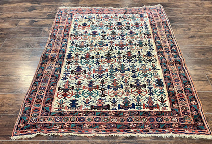 Persian Afshar Rug 5x6, Allover Repeated Motif, Wool Tribal Carpet, Handmade Semi Antique Rug - Nuvé