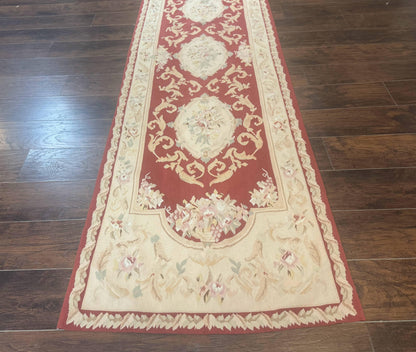 Aubusson Runner Rug 3x10, European Design, Red and Beige, Elegant, Handmade Wool Rug - Nuvé
