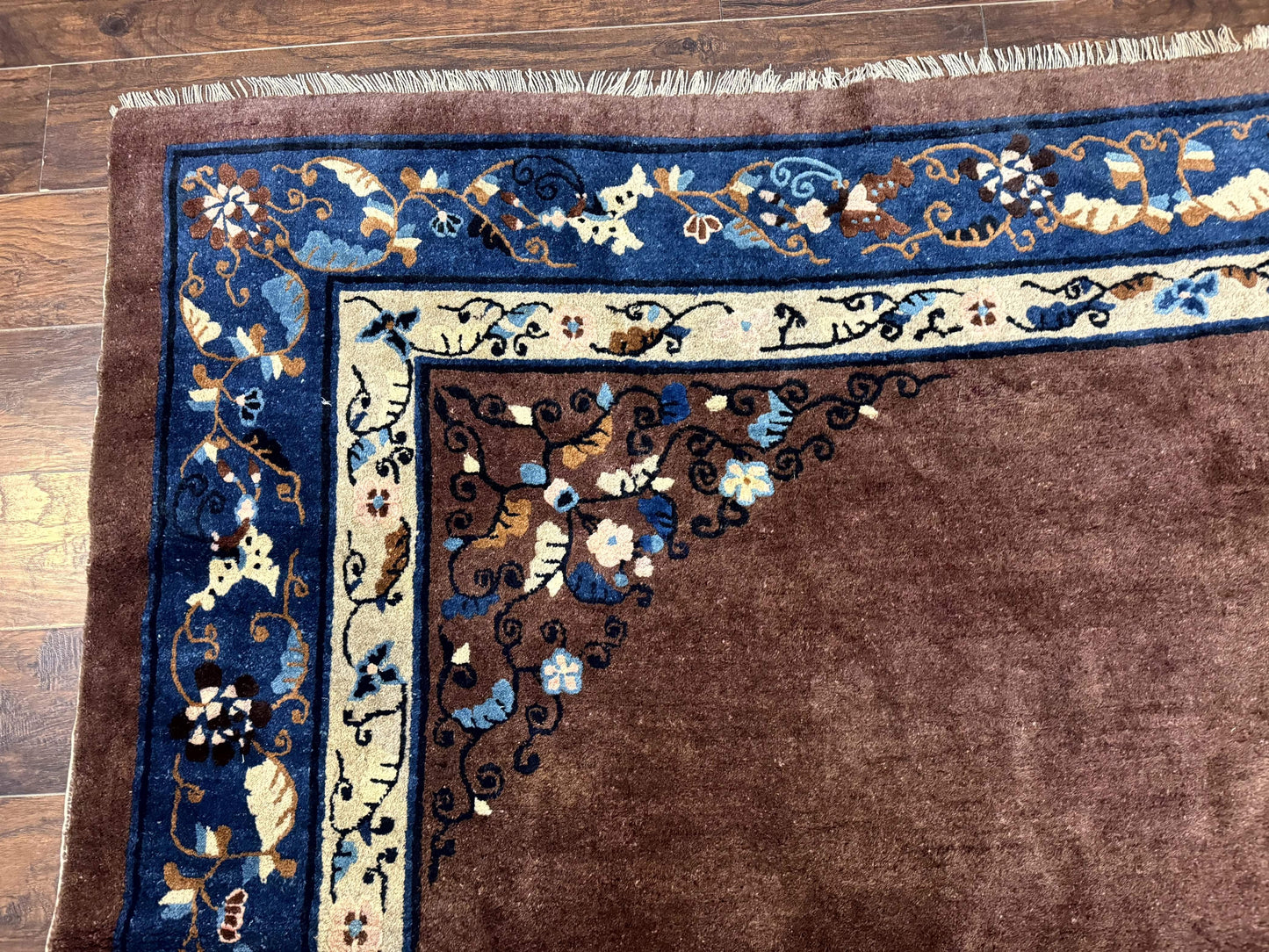 Antique Chinese Wool Rug 9x11, Large Chinese Art Deco Rug, Peking Rug, Brown and Blue, Open Field, Fete Rug - Nuvé