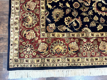Indo Persian Rug 8x10, Navy Blue and Red, Floral Allover, Hand Knotted Vintage Wool Carpet, Indo Sarouk - Nuvé