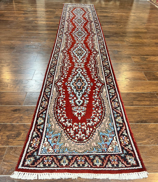 Indo Persian Runner Rug 2.8 x 14.8, Long Indo Kirman Hallway Rug, Red Floral Wool Vintage Handmade Oriental Runner - Nuvé