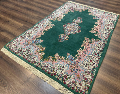 Persian Kerman Rug 4x6, Green Ivory Pink, Wool Vintage, Semi Open Field - Nuvé