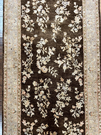 Peshawar Runner Rug 3 x 20, Wool Hand Knotted Vintage Pakistani Carpet, Brown & Taupe, Chobi Mahal Floral Rug, Extra Long Hallway Runner - Nuvé