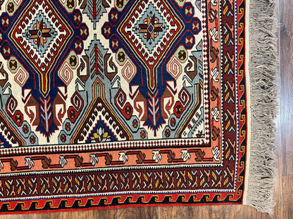 Russian Soumak Rug 6x8, Wool Handmade Antique Kilim Carpet, Multicolor 6 x 8 Geometric Medallions Caucasian Rug, Medium Size - Nuvé