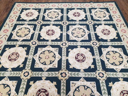 Vintage Chinese Needlepoint Rug 6x9, Panel Design Area Rug Wool Hand-Woven Black & Ivory Carpet Flat Weave Bedroom Rug 6 x 9 Living Room Rug - Nuvé