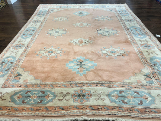 Turkish Oushak Rug 9x12, Wool Hand Knotted Vintage Carpet, Peach Cream Light Blue Room Sized Oriental Rug - Nuvé