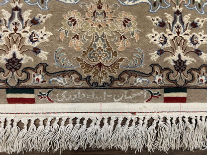 Super Fine Persian Isfahan Rug 3x5 ft, Kork Wool on Silk Foundation, Repeated Floral Motif, Taupe Tan Hand Knotted Oriental Carpet 3 x 5 ft, Signed - Nuvé