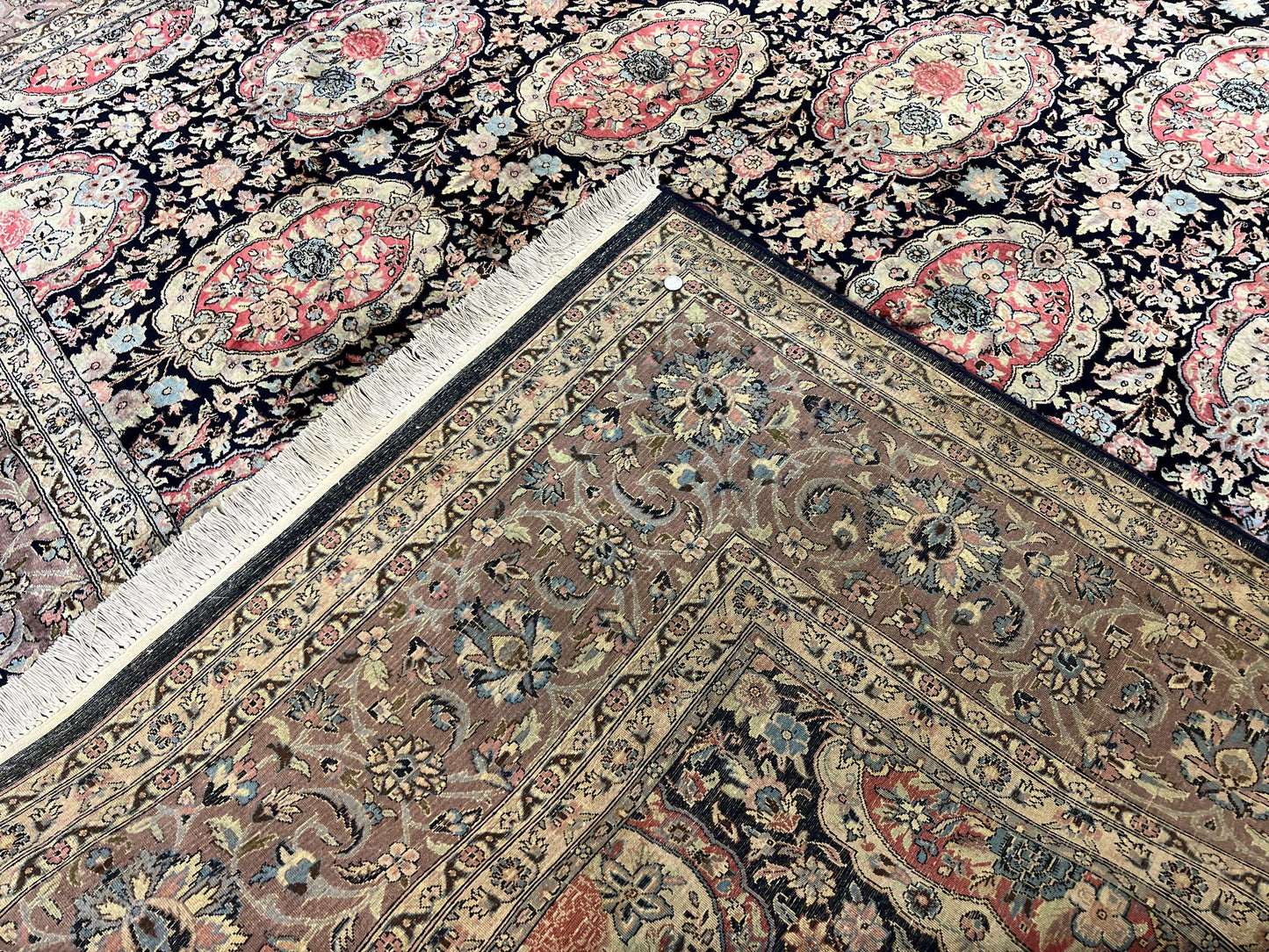 Sino Persian Rug 9x12, Navy Blue and Pink Hand Knotted Wool and Silk Highlights Vintage Oriental Carpet, Handmade Floral Area Rug 9 x 12 ft - Nuvé