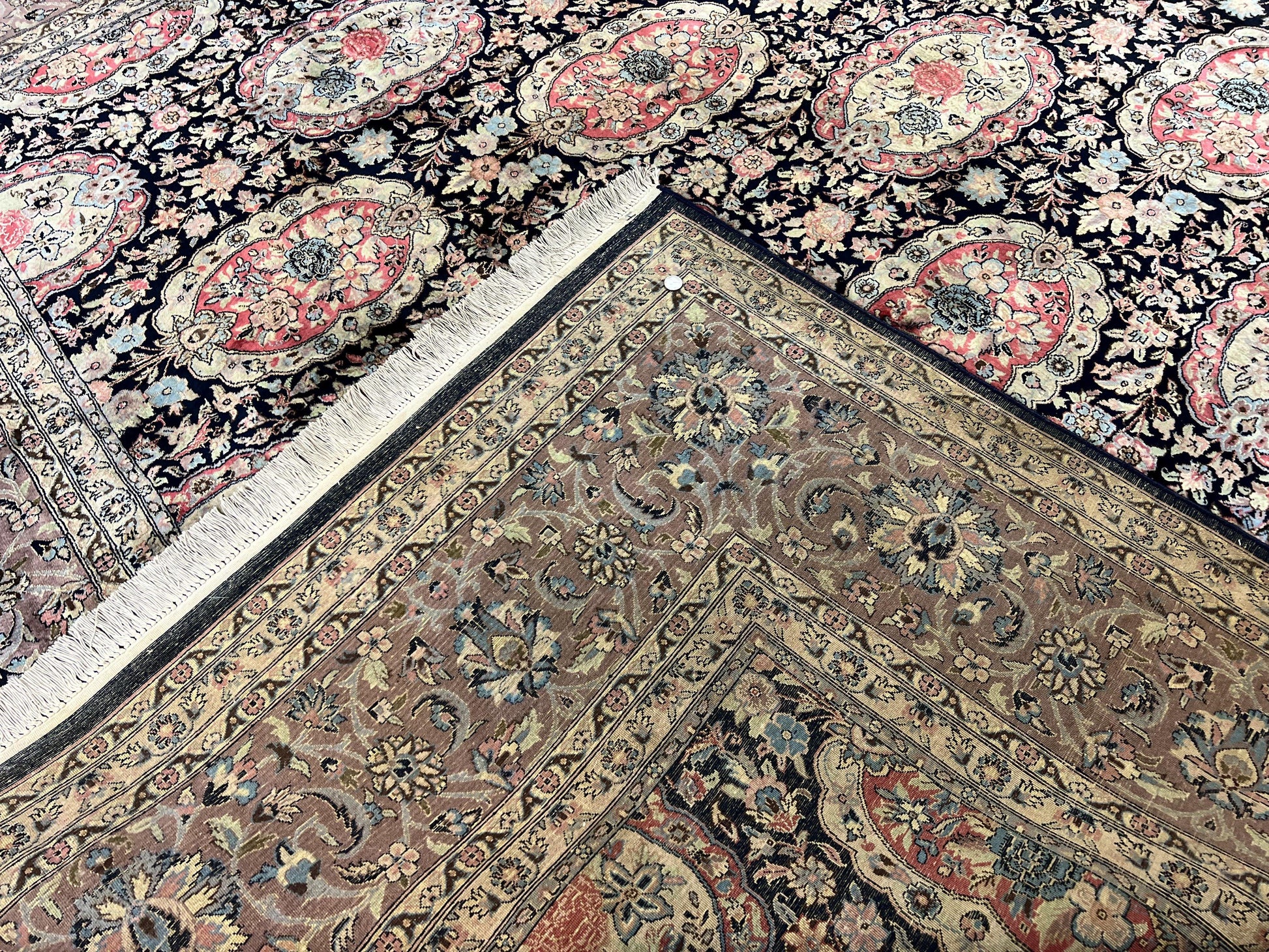Sino Persian Rug 9x12, Navy Blue and Pink Hand Knotted Wool and Silk Highlights Vintage Oriental Carpet, Handmade Floral Area Rug 9 x 12 ft - Nuvé