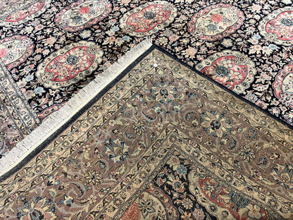 Sino Persian Rug 9x12, Navy Blue and Pink Hand Knotted Wool and Silk Highlights Vintage Oriental Carpet, Handmade Floral Area Rug 9 x 12 ft - Nuvé