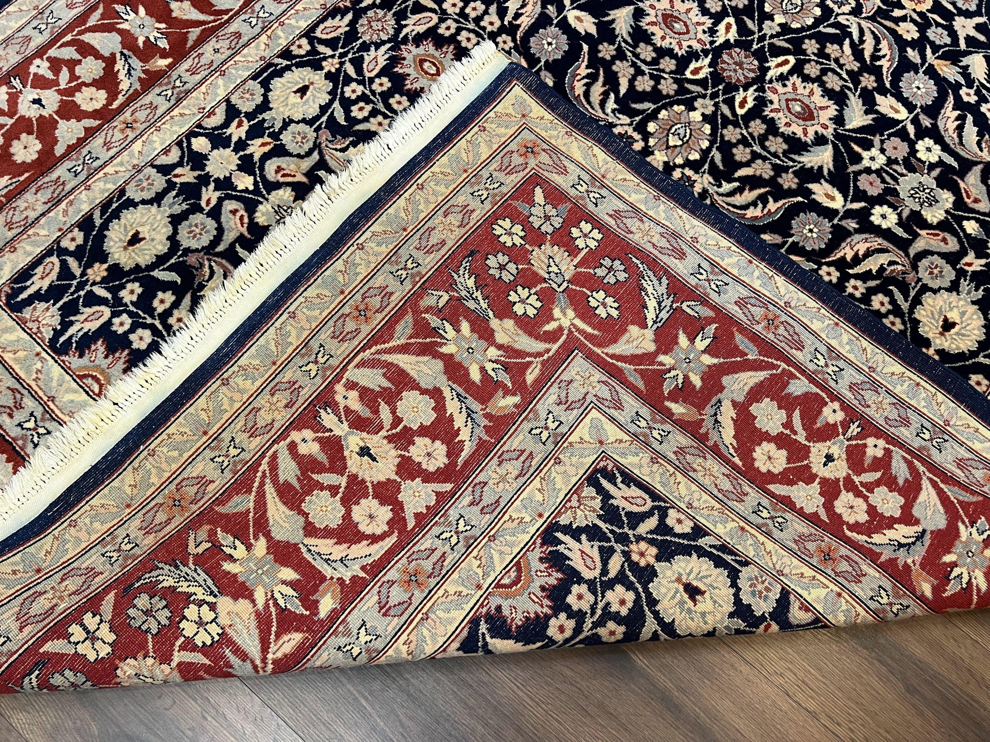 Indo Sarouk Rug 6x9, Vintage Indian Persian Rug, Wool Oriental Carpet, Navy Blue Red Allover Floral Rug, Traditional Very Fine Rug, Area Rug - Nuvé