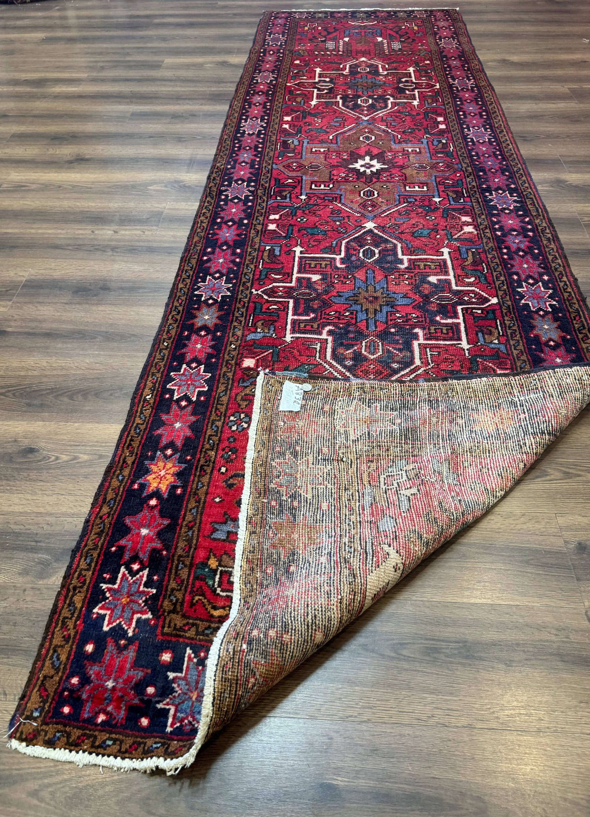 Persian Heriz Karajeh Runner Rug 3.7 x 12, Geometric Medallions, Red and Navy Blue - Nuvé