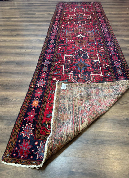 Persian Heriz Karajeh Runner Rug 3.7 x 12, Geometric Medallions, Red and Navy Blue - Nuvé