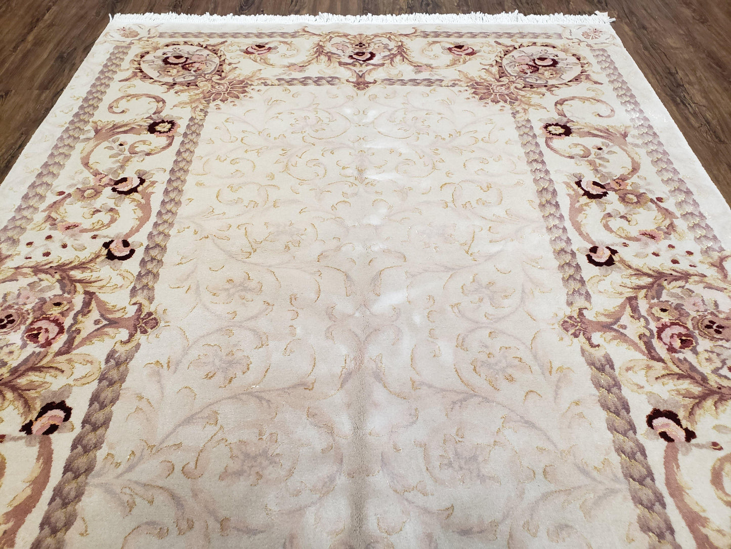 Vintage Ivory Chinese Aubusson Area Rug 6x9, Wool & Silk, Hand-Knotted 120 Line Fine Rug, European Design Carpet, 6 x 9 Master Signature Rug - Nuvé