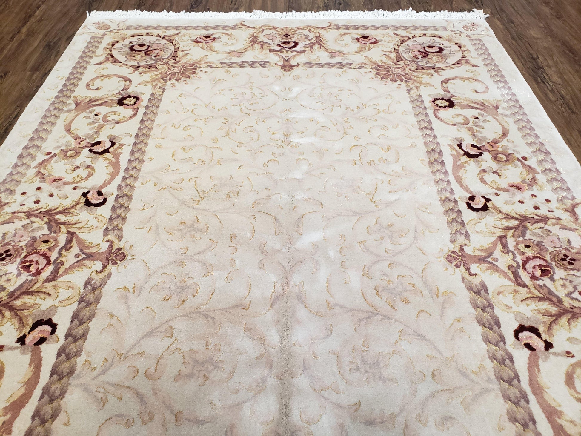 Vintage Ivory Chinese Aubusson Area Rug 6x9, Wool & Silk, Hand-Knotted 120 Line Fine Rug, European Design Carpet, 6 x 9 Master Signature Rug - Nuvé