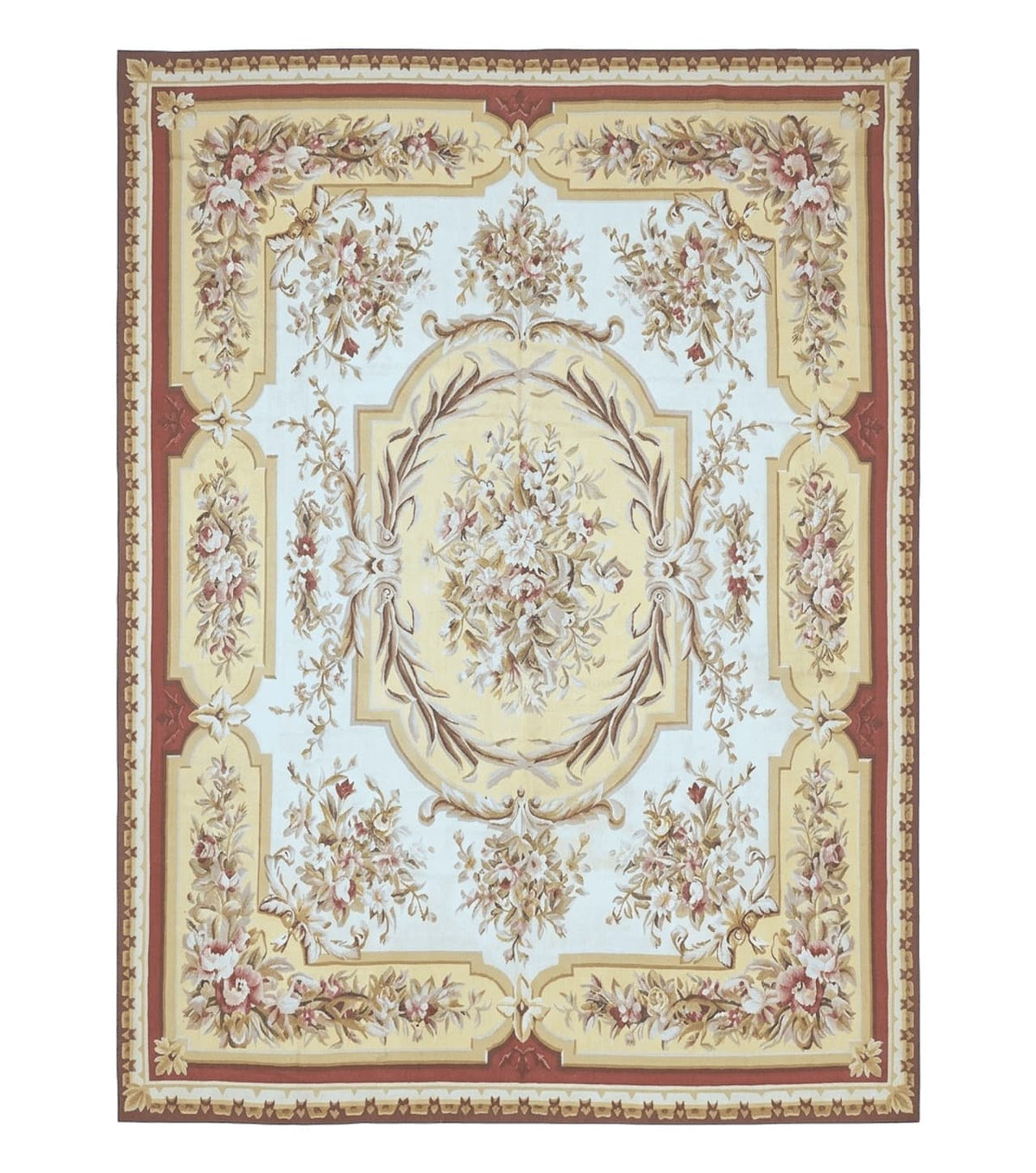 Aubusson Rug 9x12, Elegant Flatweave Savonnerie Carpet 9 x 12 ft, Ivory Light Yellow Red, Handmade Wool Flatweave French European Rug