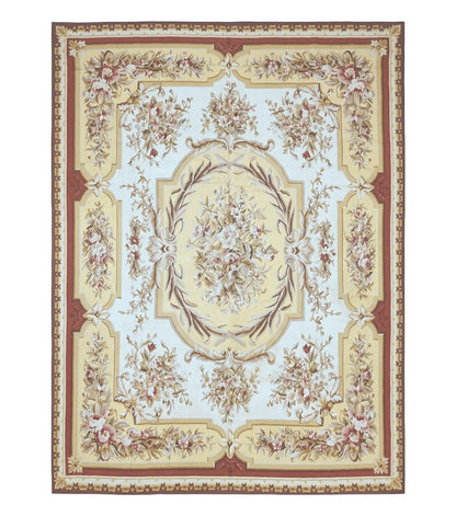Aubusson Rug 9x12, Elegant Flatweave Savonnerie Carpet 9 x 12 ft, Ivory Light Yellow Red, Handmade Wool Flatweave French European Rug