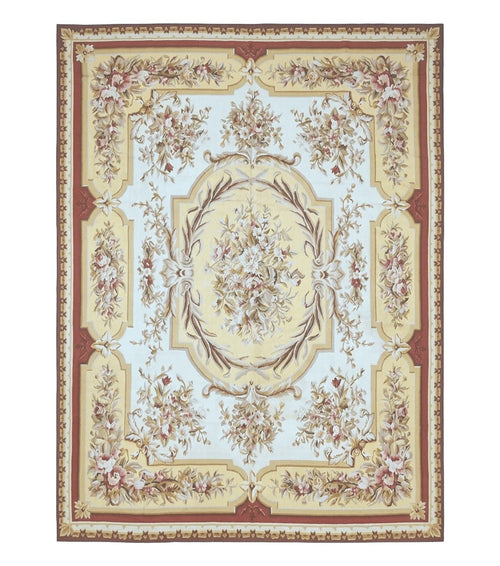 Aubusson Rug 9x12, Elegant Flatweave Savonnerie Carpet 9 x 12 ft, Ivory Light Yellow Red, Handmade Wool Flatweave French European Rug
