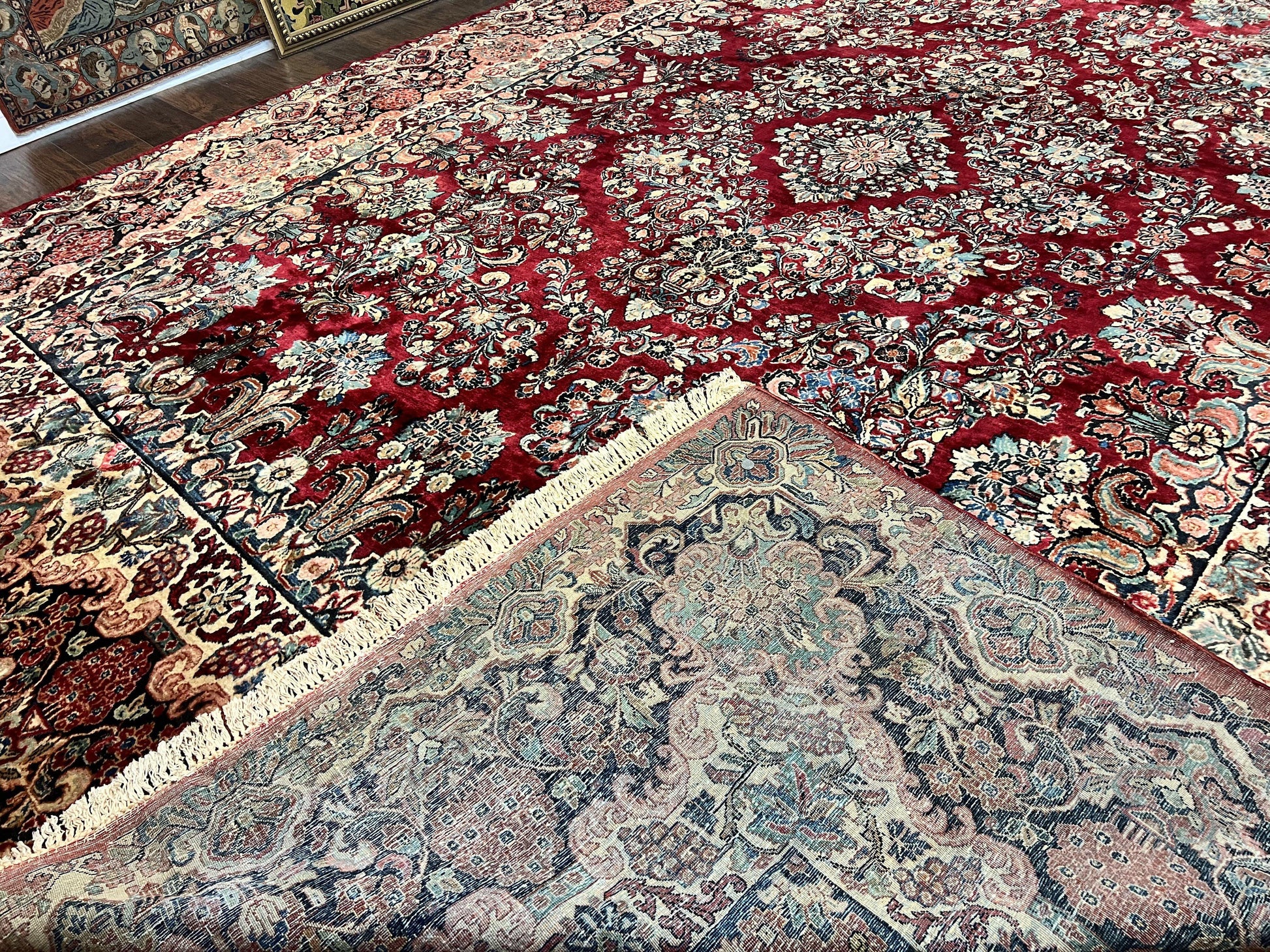Persian Sarouk Rug 12x17, Wool Hand Knotted Antique Carpet, Dark Red, Traditional Floral Oriental Rug, 12 x 17 Extra Large Handmade Rug - Nuvé