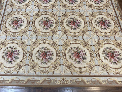 Chinese Needlepoint Rug 8x11, Handmade Wool Needlepoint Carpet, Vintage, Sky Blue - Nuvé