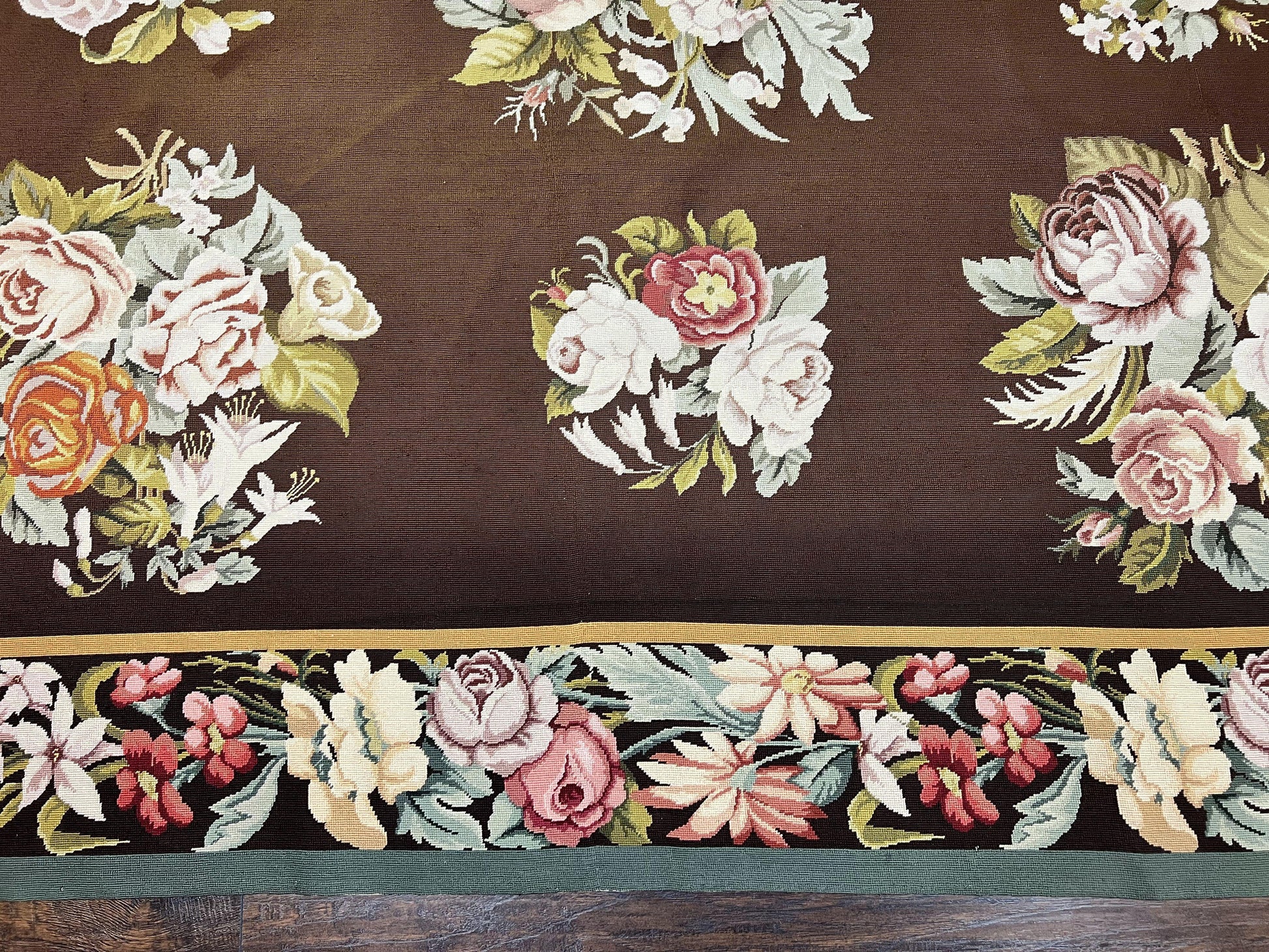 Vintage Needlepoint Rug 9x12, Large Handmade Hand-woven Needlepoint Carpet, Brown Area Rug, Floral Bouquets, Wool Rug, European Design - Nuvé