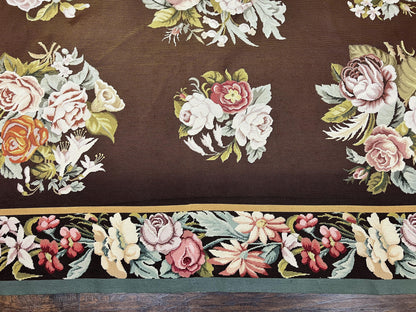 Vintage Needlepoint Rug 9x12, Large Handmade Hand-woven Needlepoint Carpet, Brown Area Rug, Floral Bouquets, Wool Rug, European Design - Nuvé